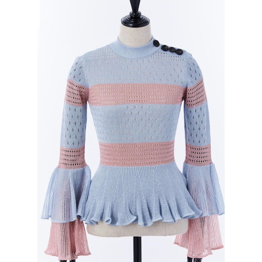 Self-Portrait Striped Metallic Open-Knit Pink / Blue Bell Sleeve Sweater Top S